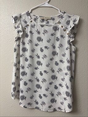 LOFT White Floral Ruffle Sleeve Top with Gold Buttons
